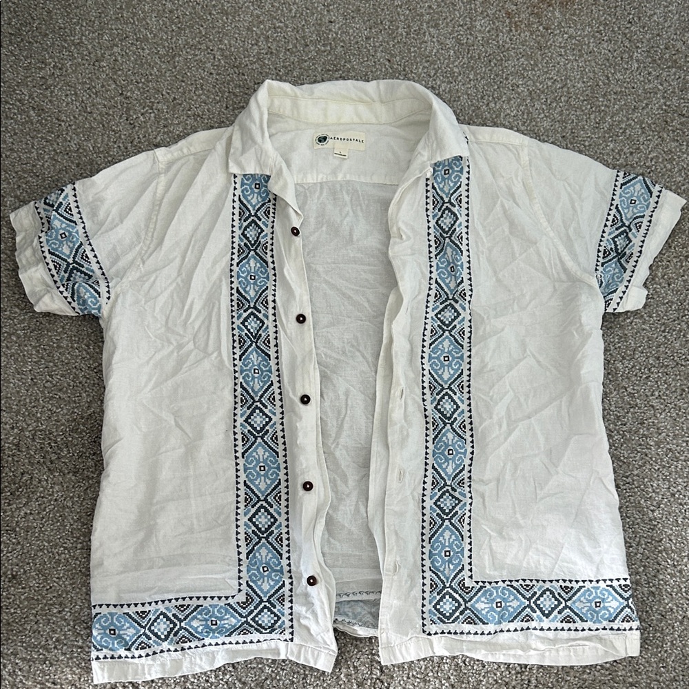Aeropostale White and Blue Geometric Men's Shirt